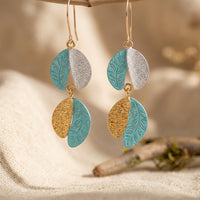 Turquoise Gold Leaf Textured Drop Earrings
