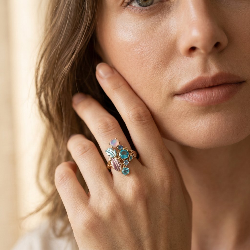 Gold Blue Topaz Enamel Leaf Ring
