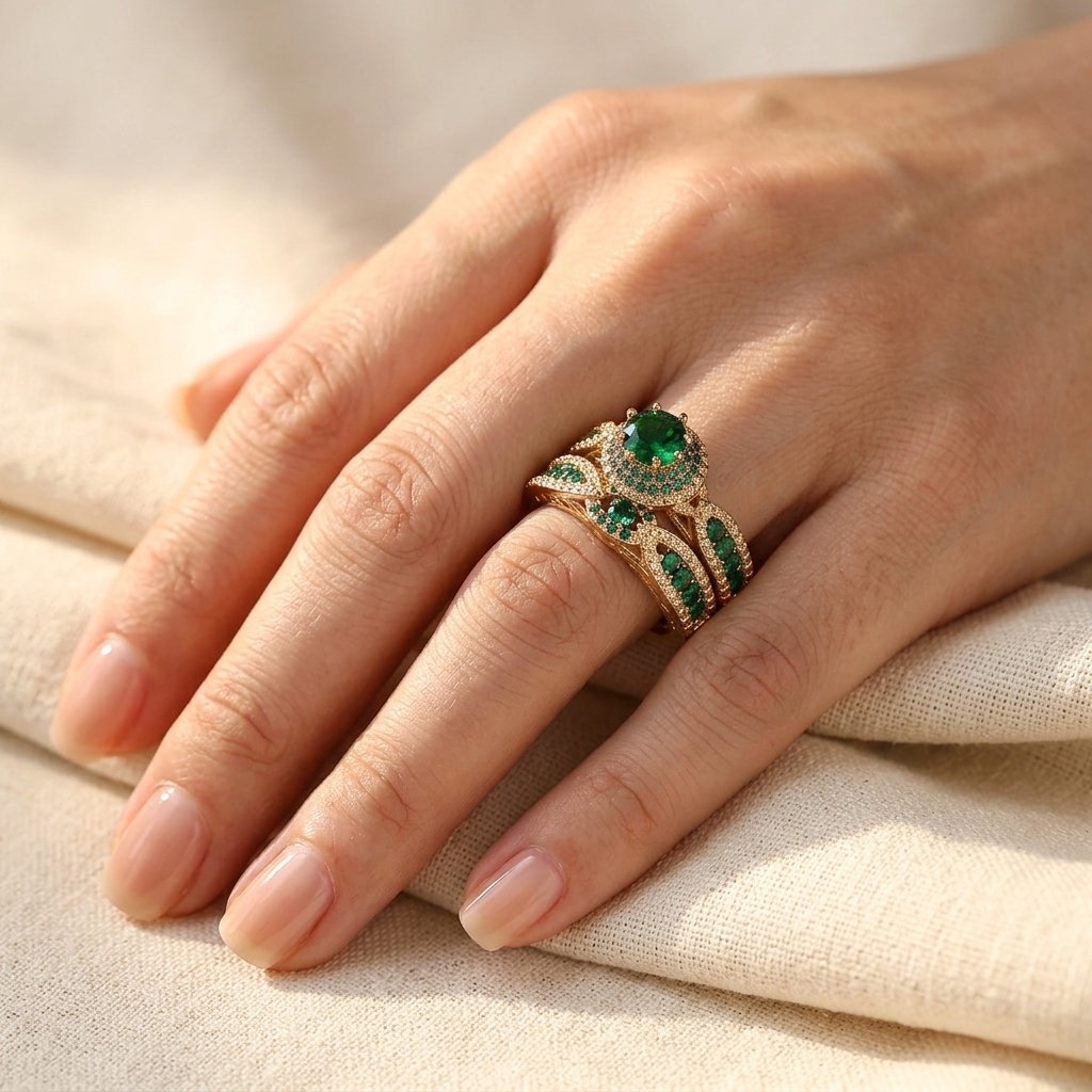 Gold Plated Emerald Filigree Ring Set