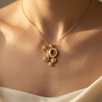 Gold Ruby Cubic Zirconia Cluster Necklace