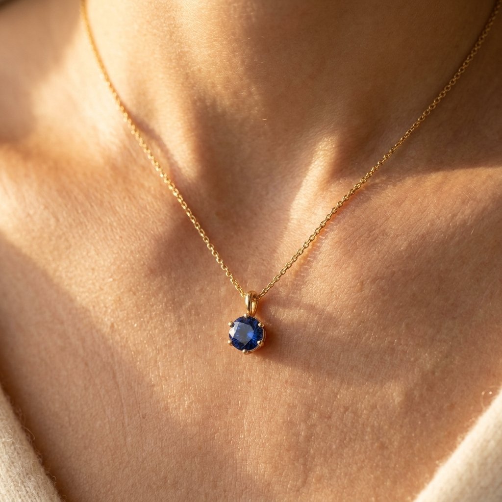 Gold Blue Sapphire Round Necklace