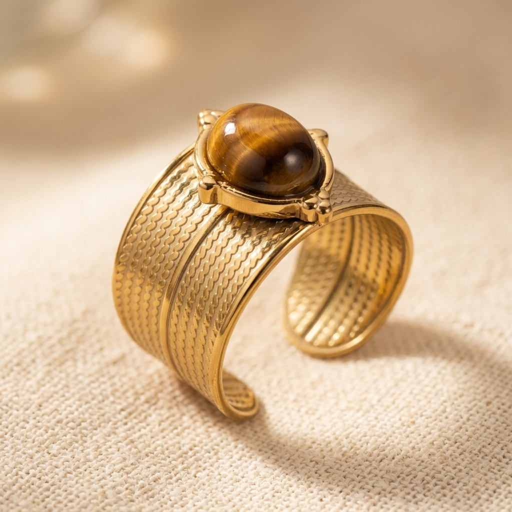 Golden Stainless Steel Tiger Eye Stone Ring