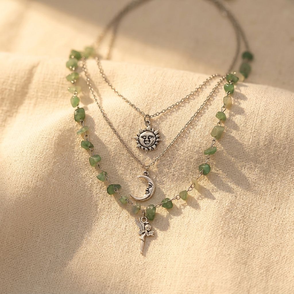 Bohemian Silver Prehnite Three Layer Necklace