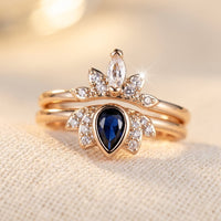 Vintage Gold Blue Sapphire Lotus Ring Set