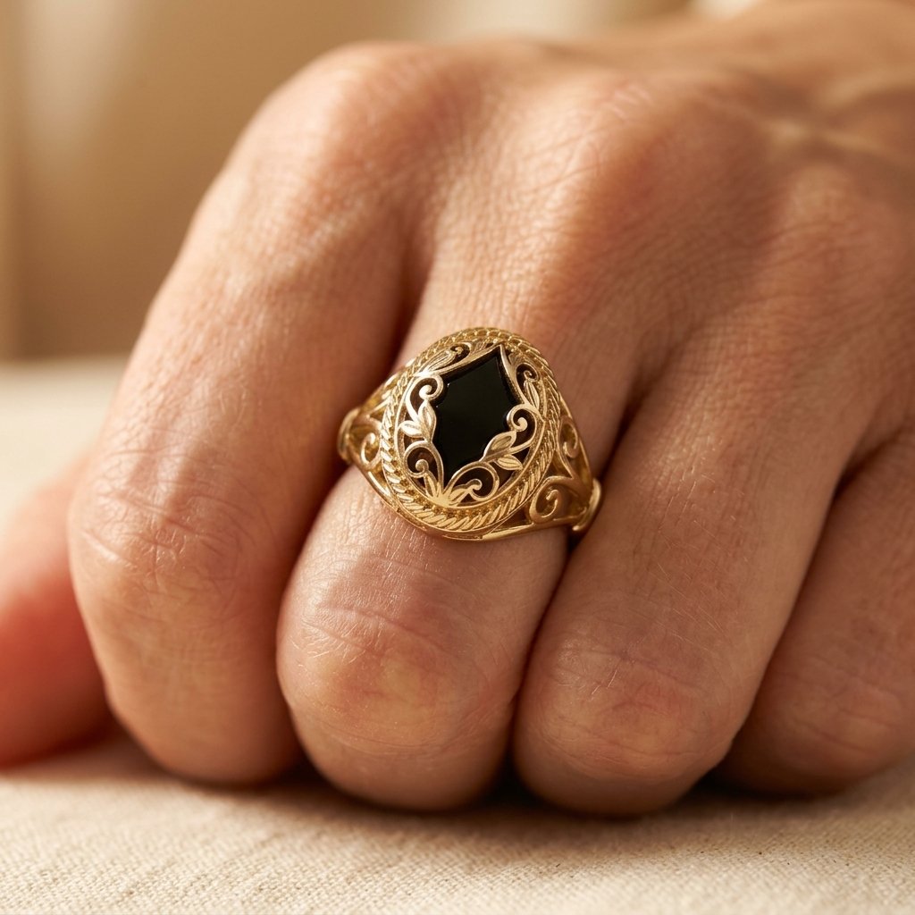 Vintage Gold Filigree Black Onyx Ring