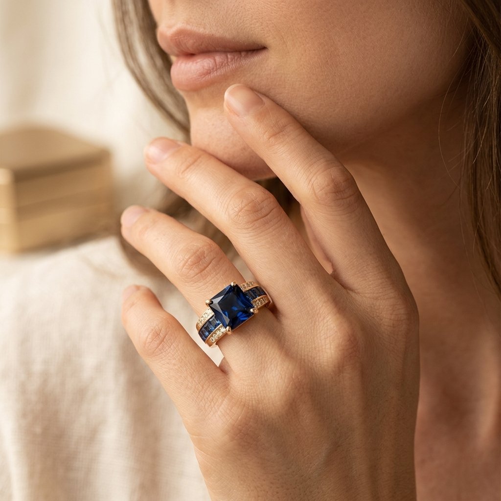 Gold Blue Sapphire Cushion Ring
