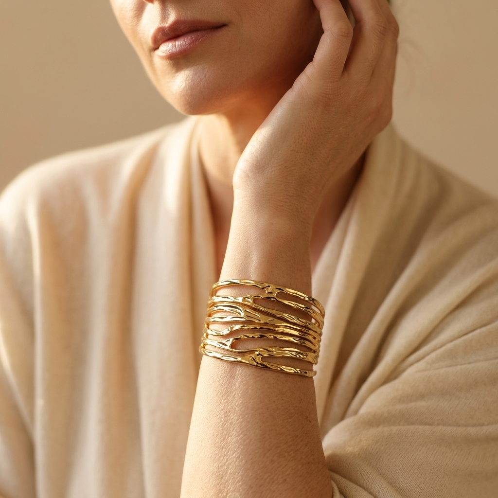 Gold Textured Hollow Wave Cuff Bracelet