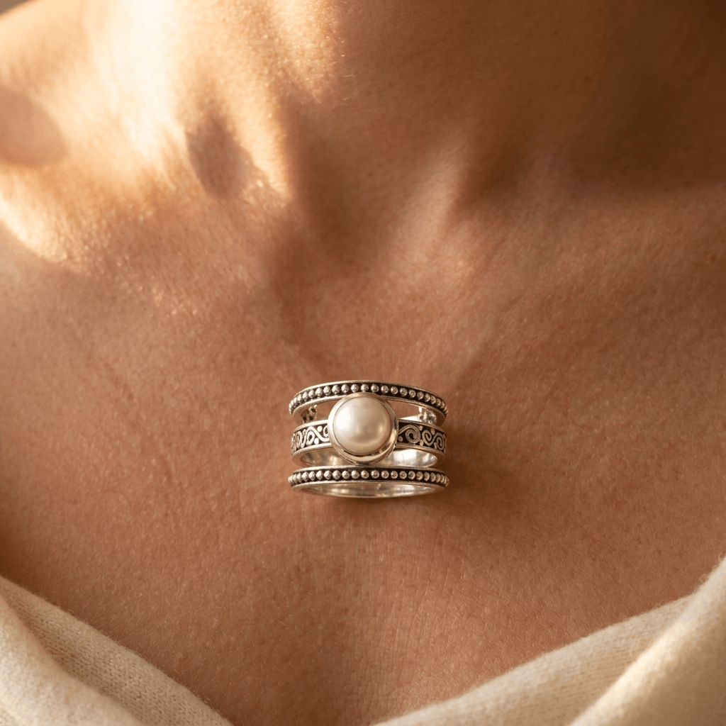 Bohemian Silver Pearl Beaded Ring Necklace