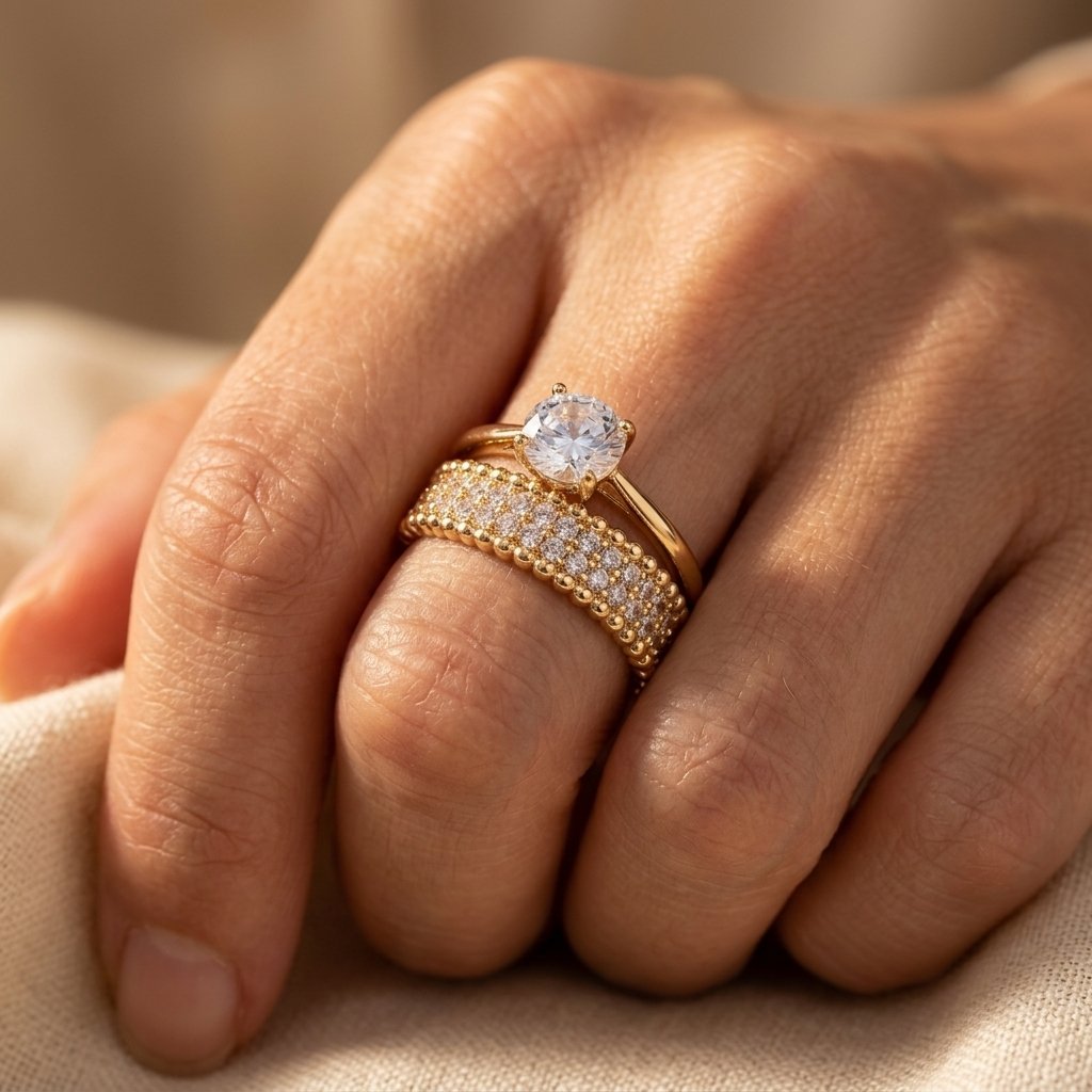 Gold Beaded Oval Cubic Zirconia Ring Set