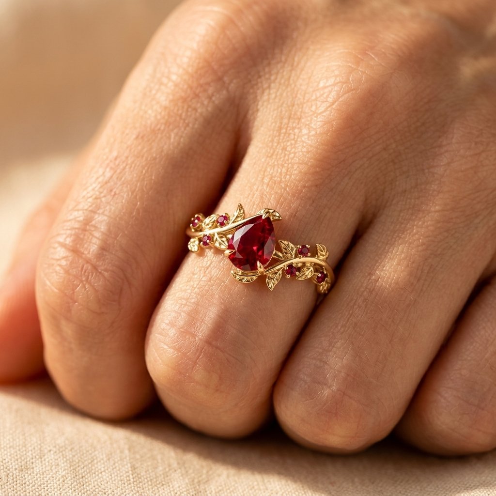 Gold Filigree Ruby Pear Ring