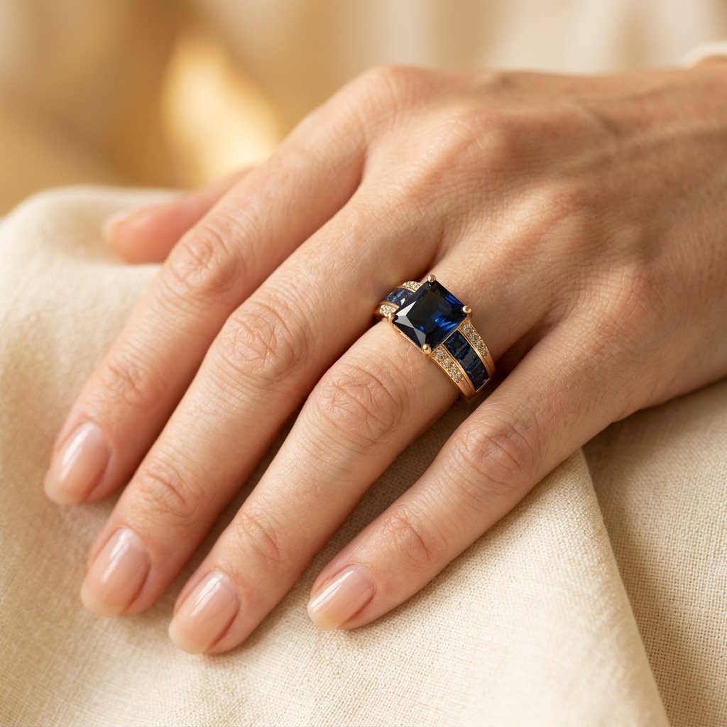 Gold Blue Sapphire Cushion Ring