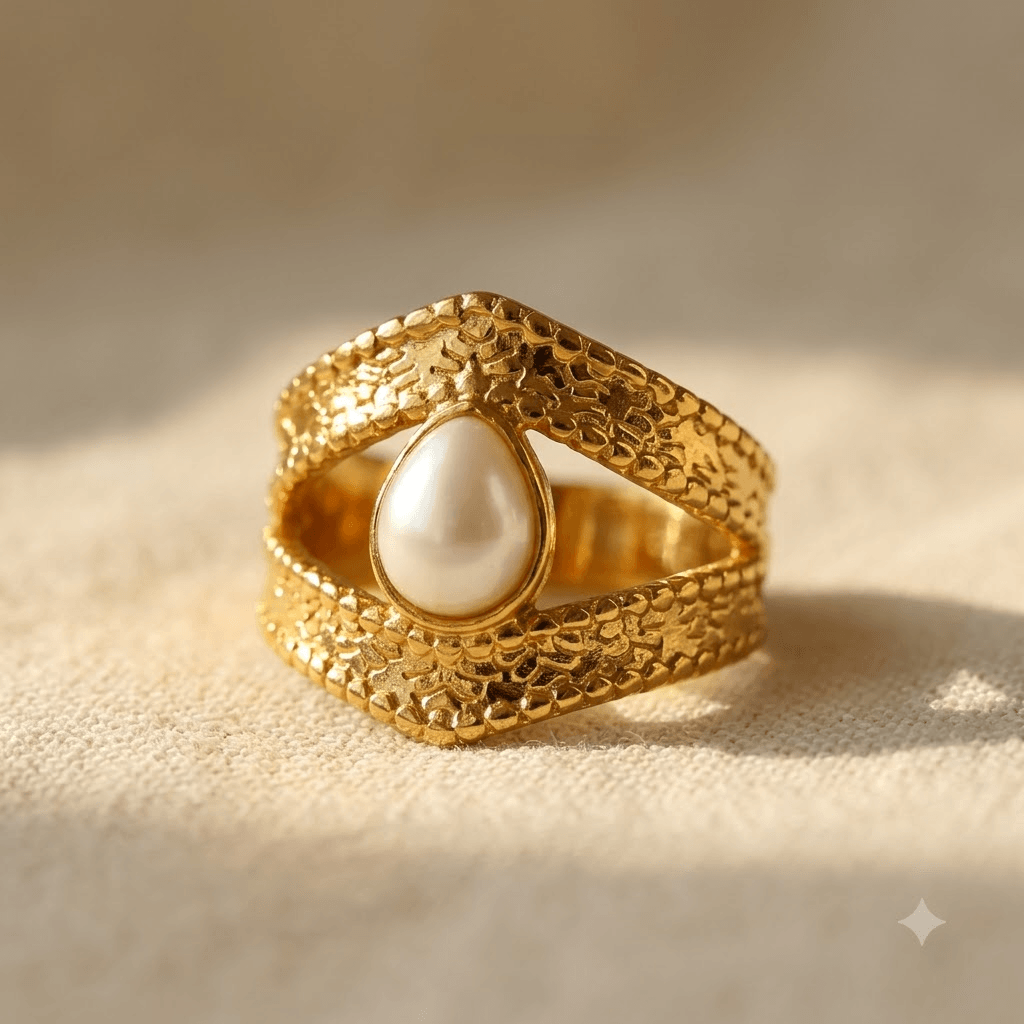 Gold Textured Pearl Open Statement Ring