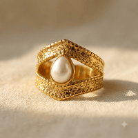 Gold Textured Pearl Open Statement Ring