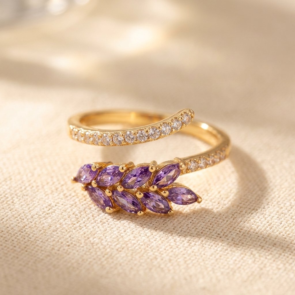 Gold Purple Amethyst Marquise Leaf Ring