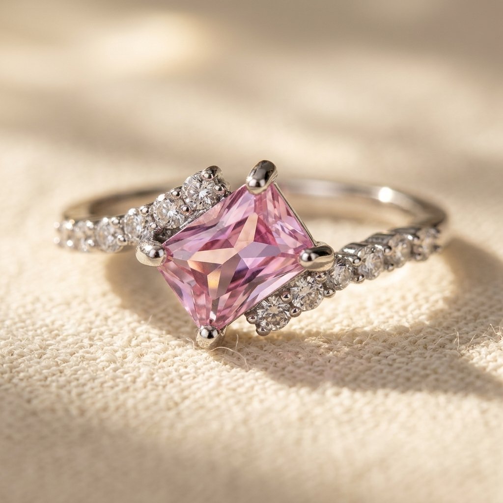 Pink Cushion Silver Diamond Accent Ring
