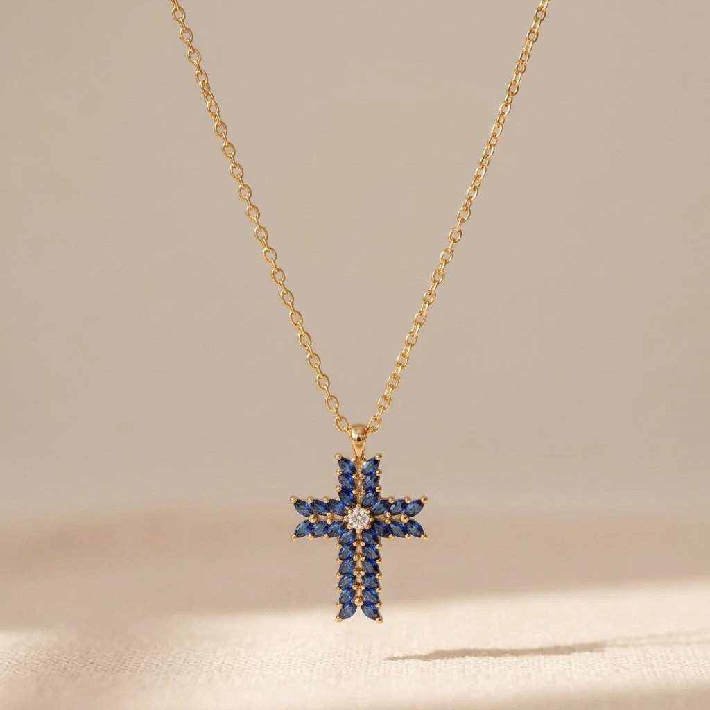 Gold Sapphire Cross Pendant Necklace
