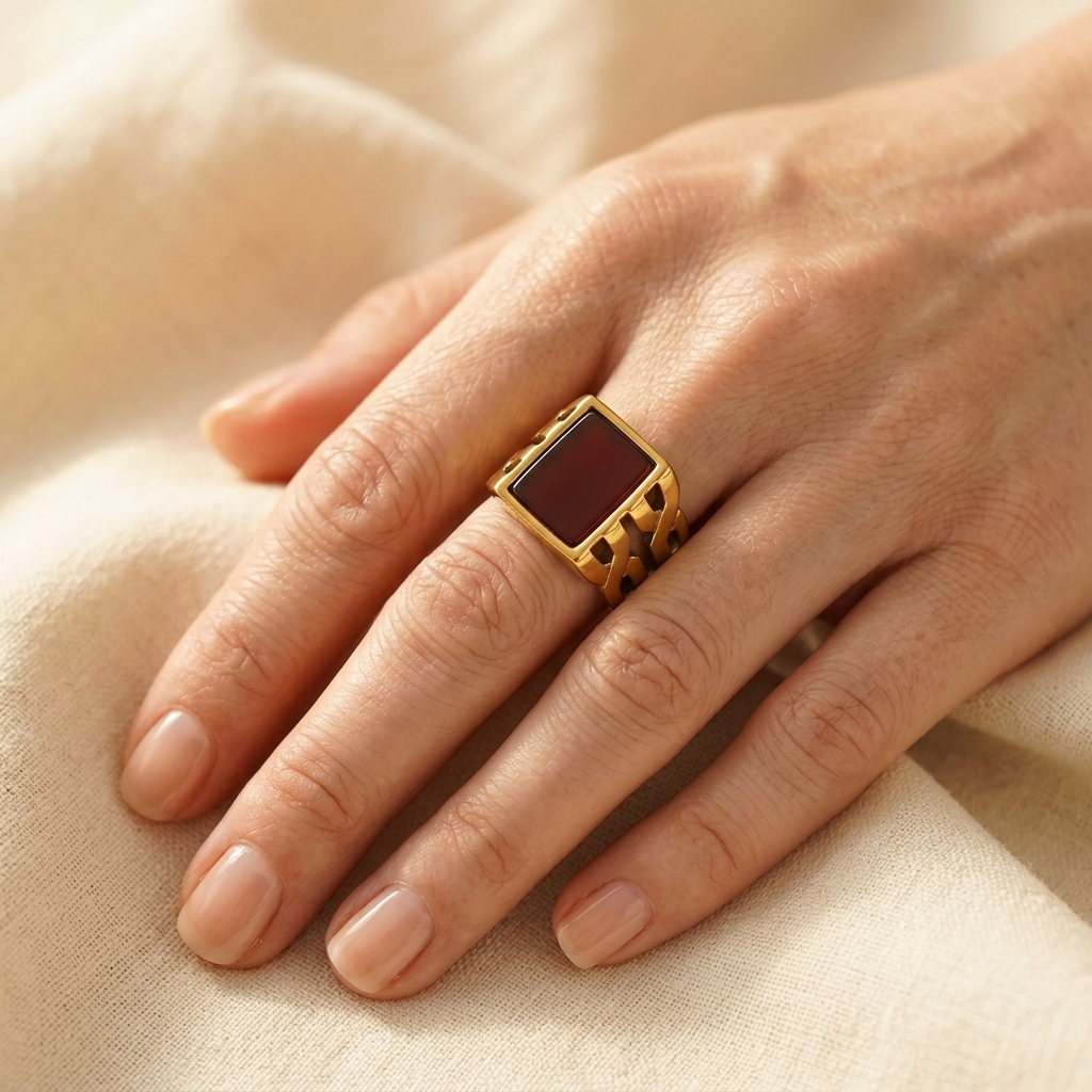 Gold Square Red Agate Statement Ring