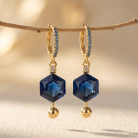 Gold Sapphire Hexagon Drop Earrings