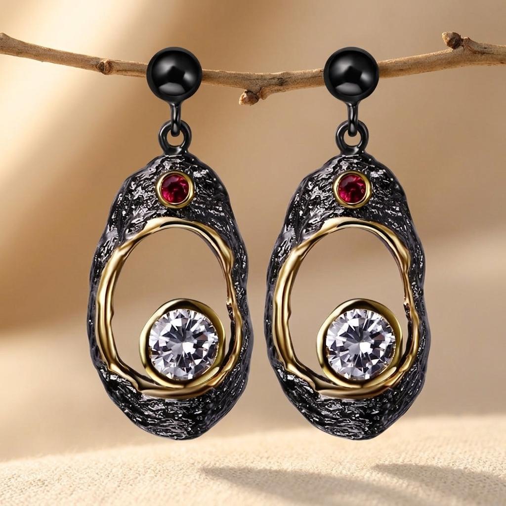 Black Gold Textured Oval Crystal Dangle Earrings