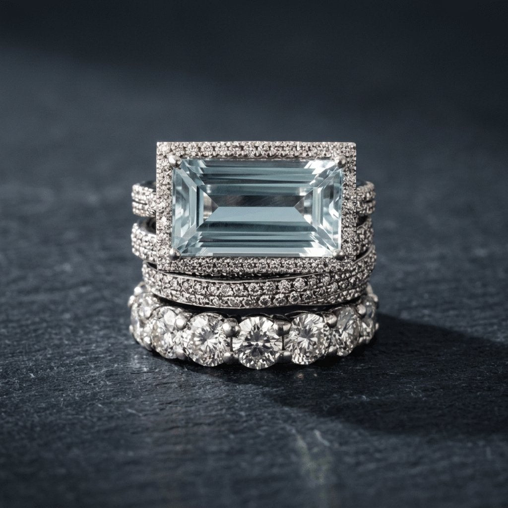Art Deco Pave Silver Aqua Stone Ring Stack