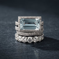Art Deco Pave Silver Aqua Stone Ring Stack
