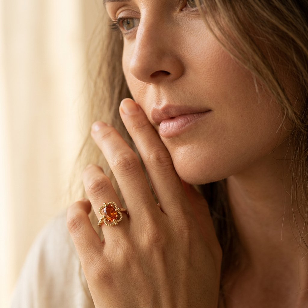 Gold Amber Oval Beaded Flower Ring