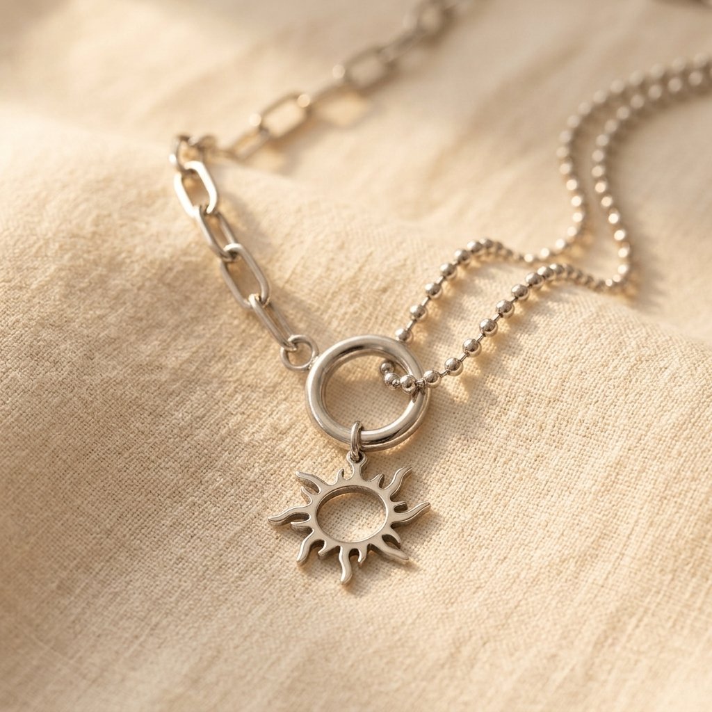 Vintage Silver Sun Pendant Asymmetrical Chain Necklace