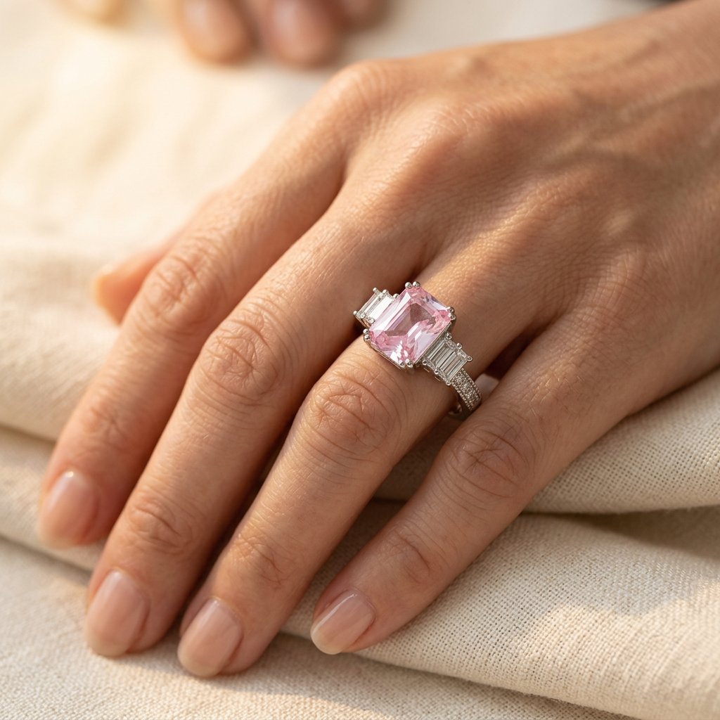 Pink Cushion Silver Baguette Engagement Ring
