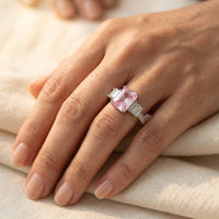 Pink Cushion Silver Baguette Engagement Ring