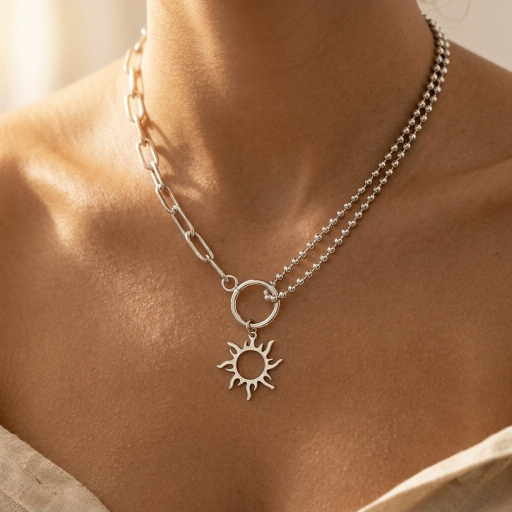 Vintage Silver Sun Pendant Asymmetrical Chain Necklace