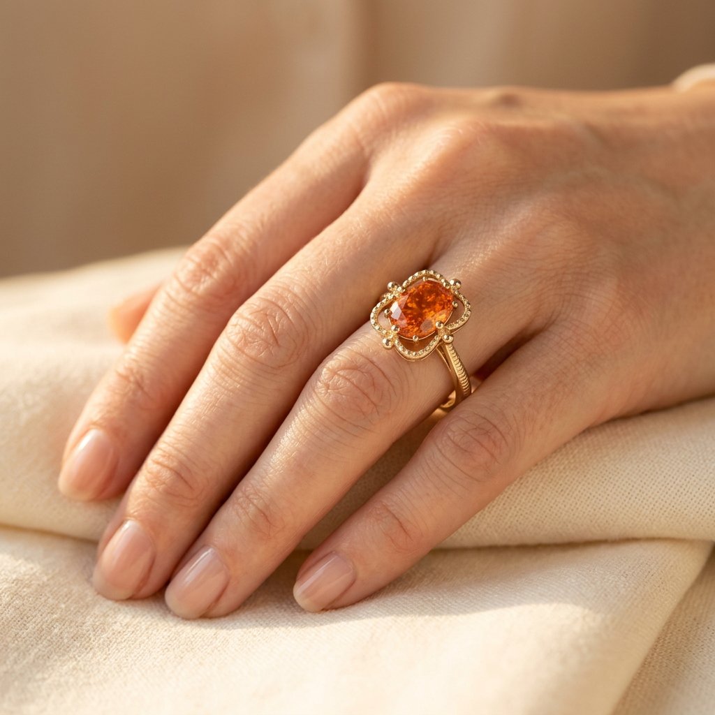Gold Amber Oval Beaded Flower Ring