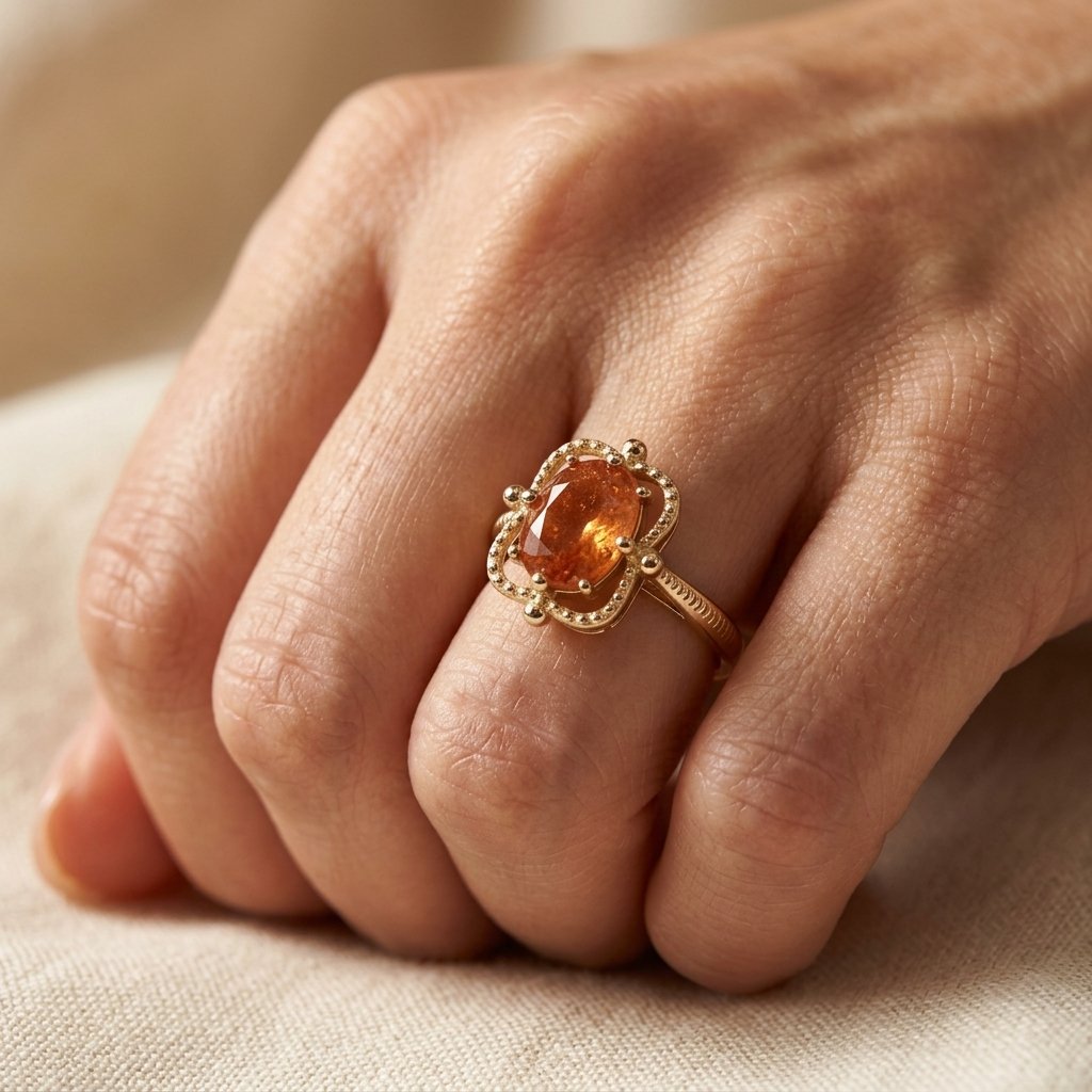 Gold Amber Oval Beaded Flower Ring