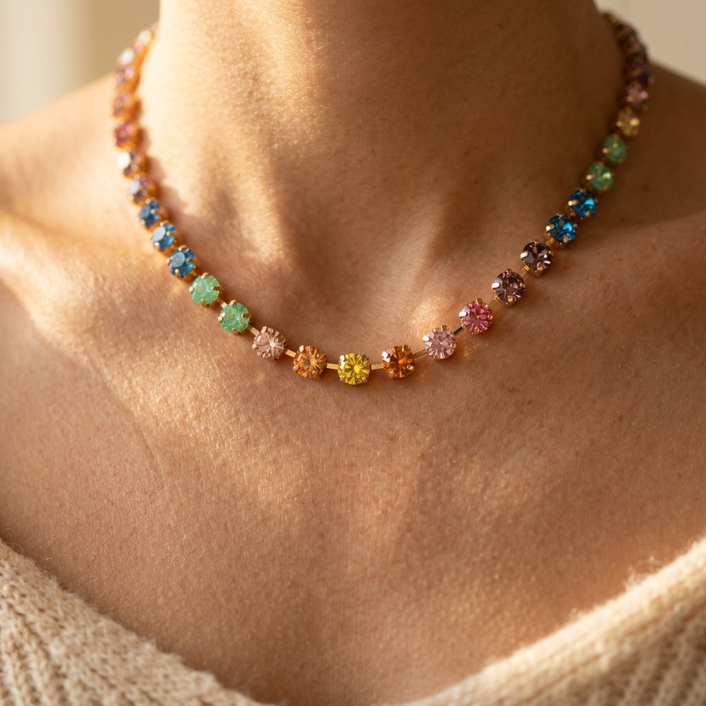 Rainbow Cubic Zirconia Gold Tennis Necklace