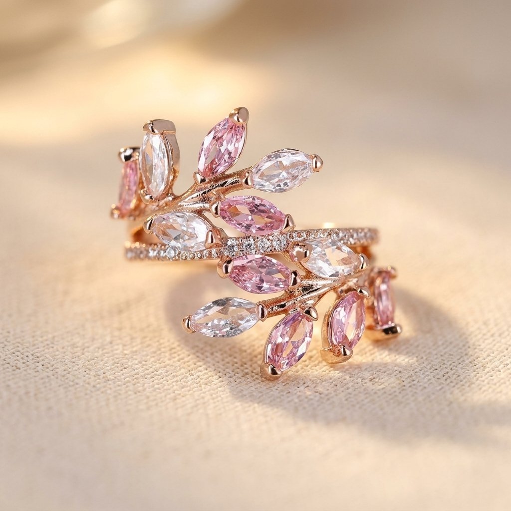 Rose Gold Pink Tourmaline Leaf Ring