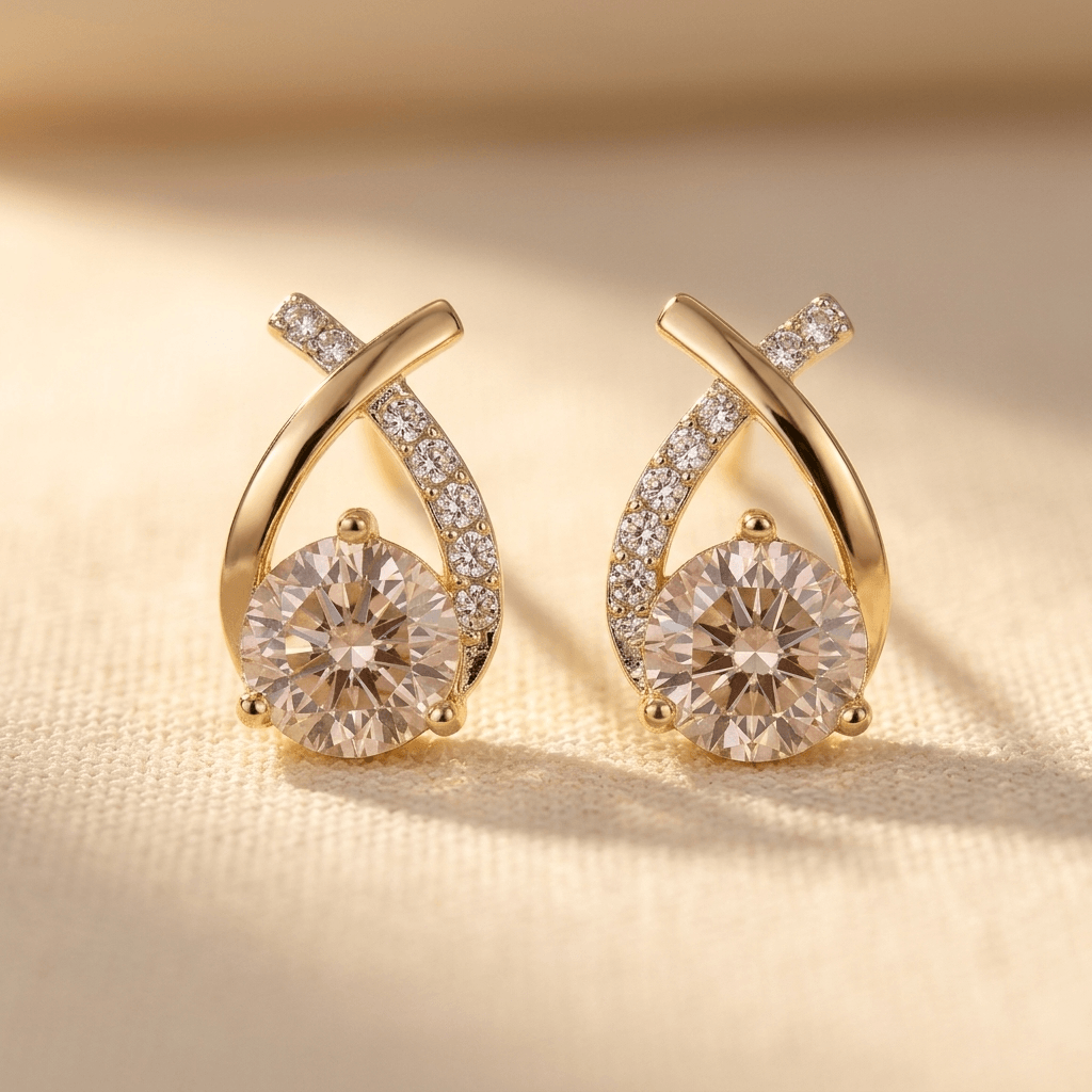 Gold Teardrop Champagne Cubic Zirconia Stud Earrings