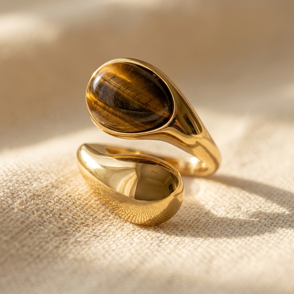 Gold Tiger Eye Stone Oval Statement Ring