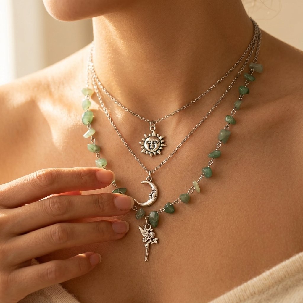Bohemian Silver Prehnite Three Layer Necklace