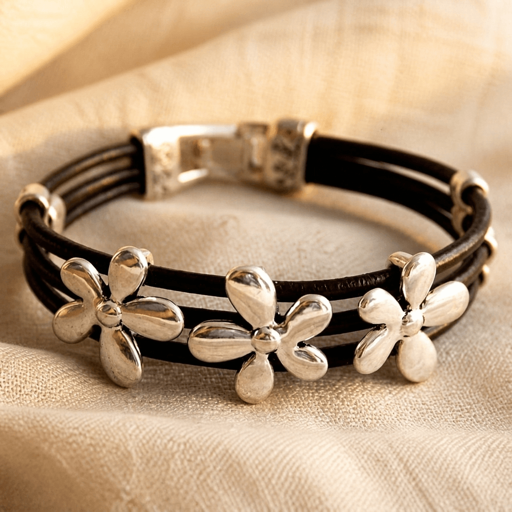 Silver Flower Charm Black Leather Bracelet
