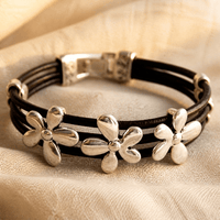 Silver Flower Charm Black Leather Bracelet
