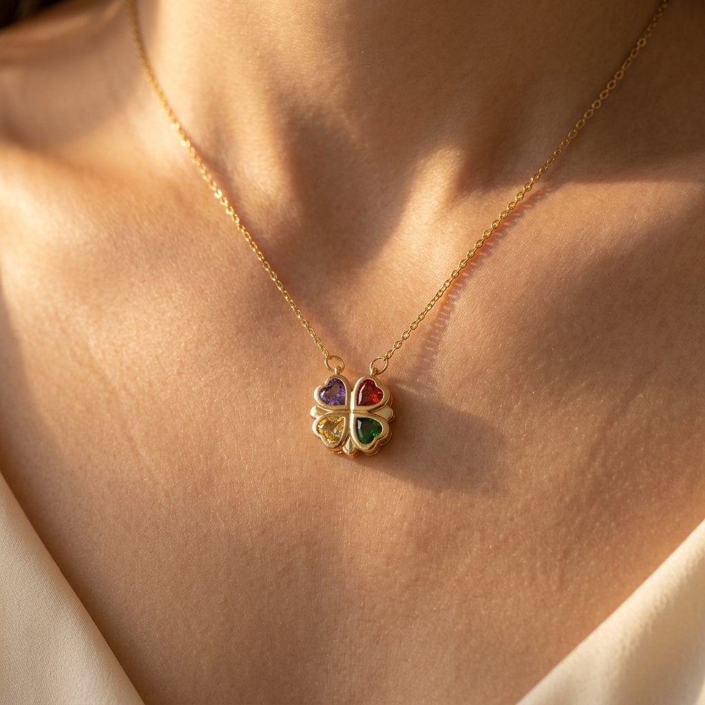 Gold Four Heart Gemstone Charm Necklace
