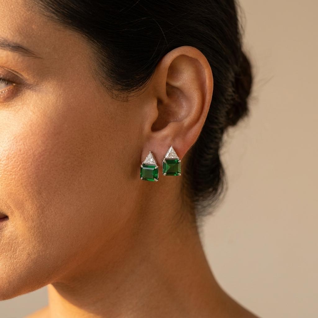 Green Clear Synthetic Gemstone Stud Earrings