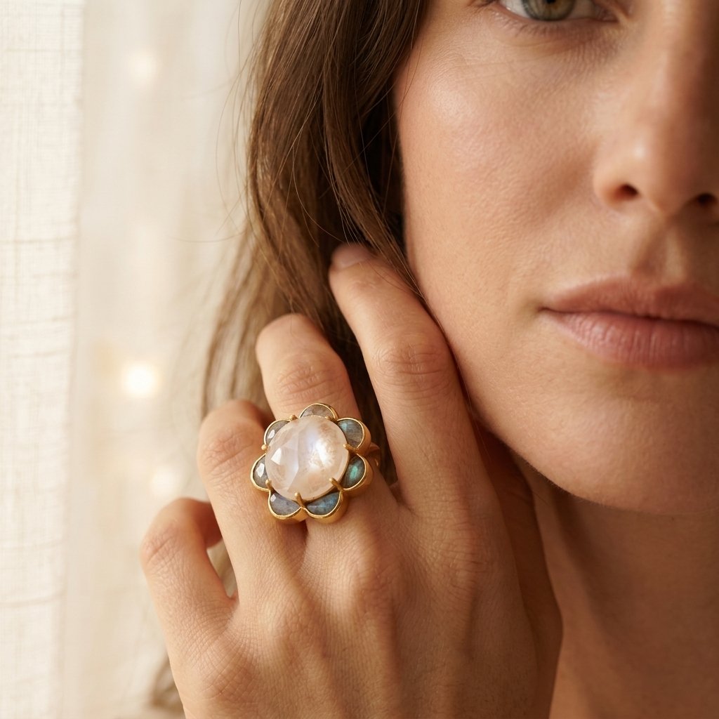 Gold Labradorite Oval Flower Ring