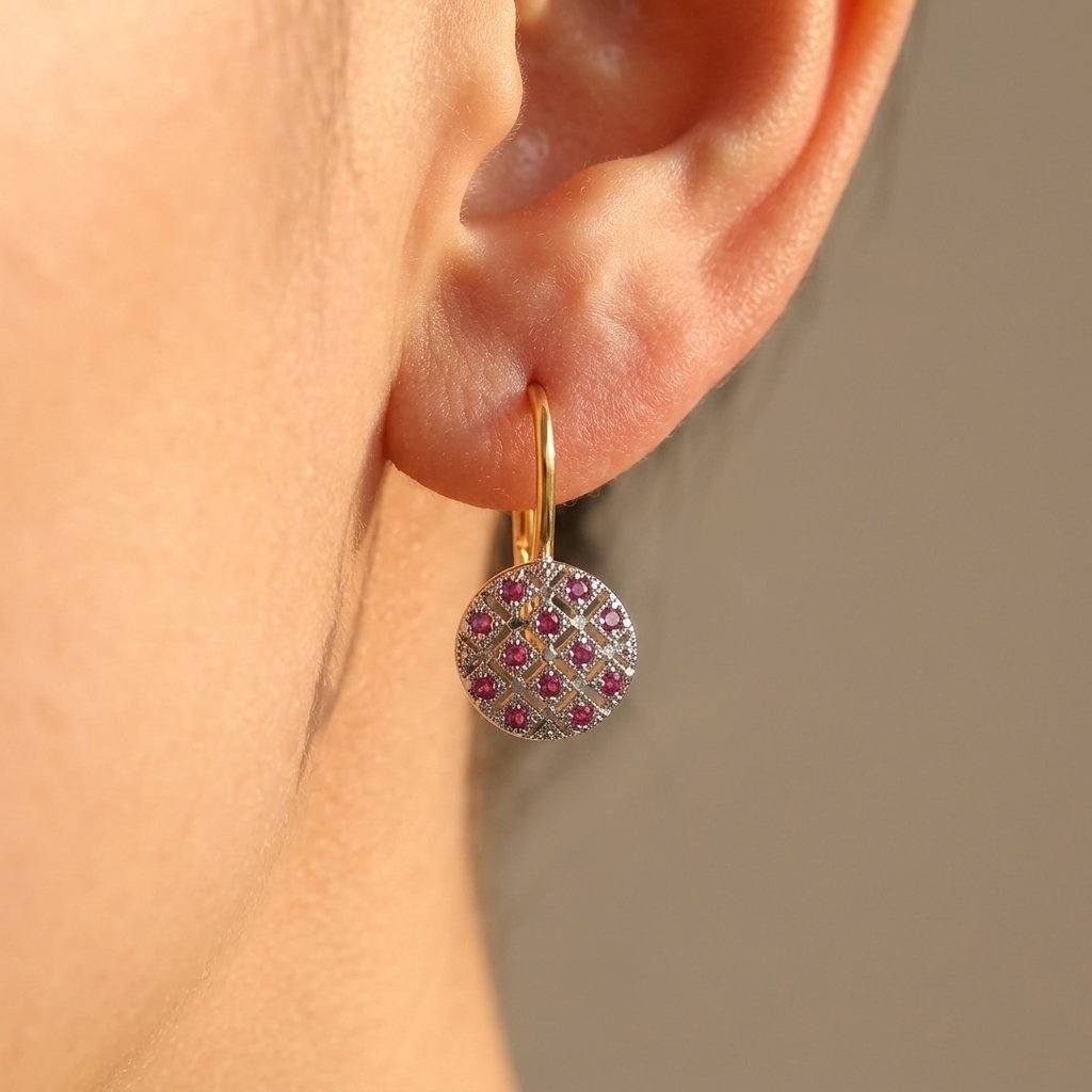 Vintage Gold Ruby Inlay Round Earrings