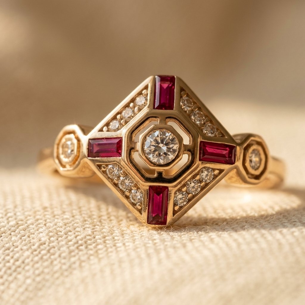 Gold Ruby Diamond Art Deco Ring