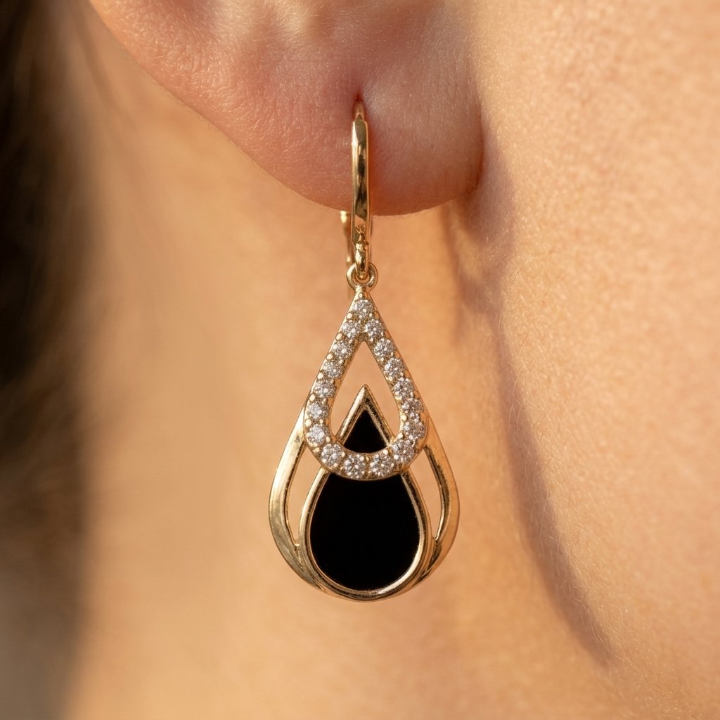 Gold Black Onyx Teardrop Cubic Zirconia Earrings