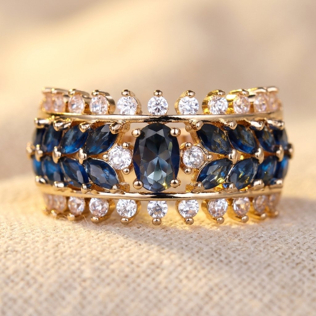 Royal Gold Sapphire Blue Wide Band Ring