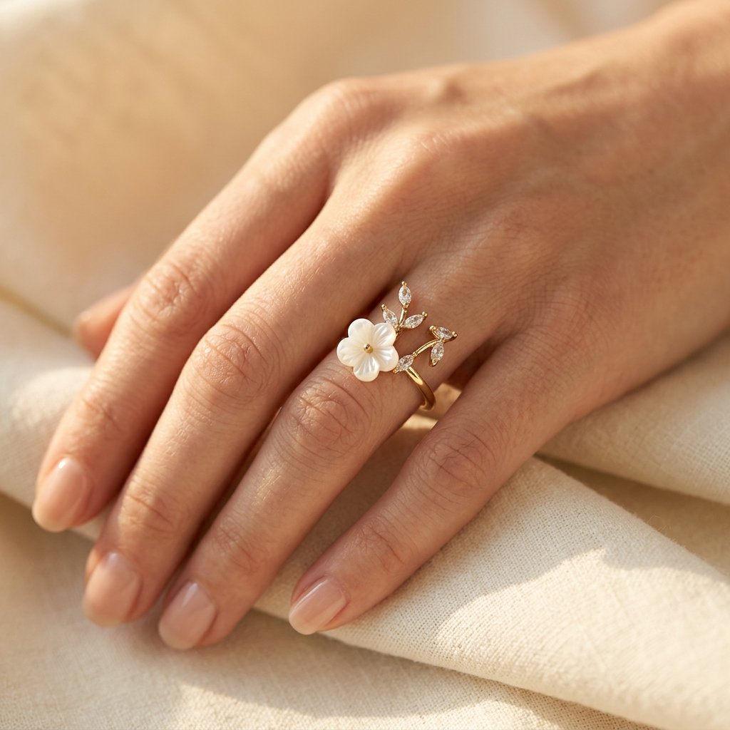 Gold Pearl Carved Flower Ring