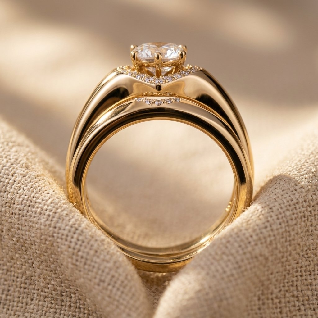 Gold Heart Shaped Diamond Halo Ring Set