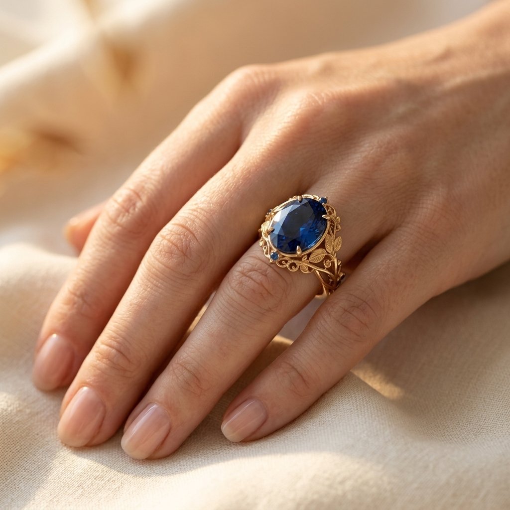 Vintage Gold Filigree Blue Sapphire Ring