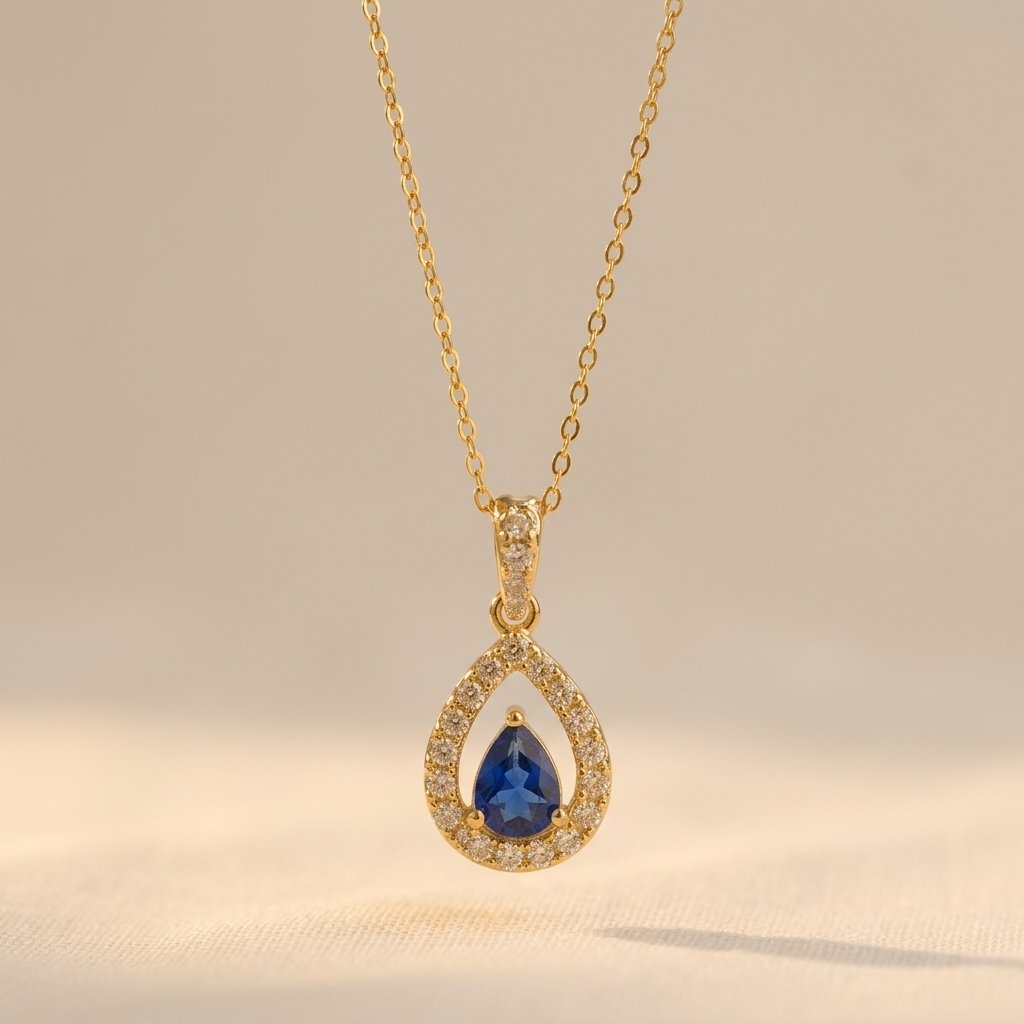 Gold Sapphire Teardrop Halo Necklace